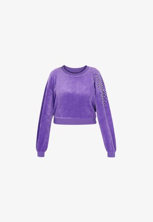 Felpa cropped in velluto viola con polsini e orlo a coste, caratterizzata da dettagli con perline su una spalla.