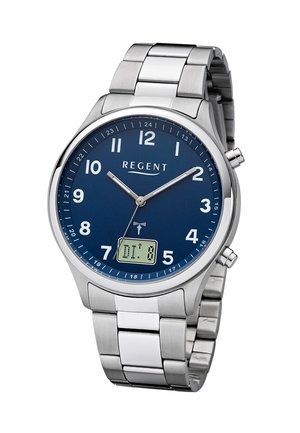 Silver metal wristwatch with blue dial, analog hands, digital date display, and two side buttons.