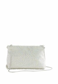Silver-colored clutch bag with a structured shape, adorned with iridescent beads and a thin chain strap, featuring a zipper closure.
