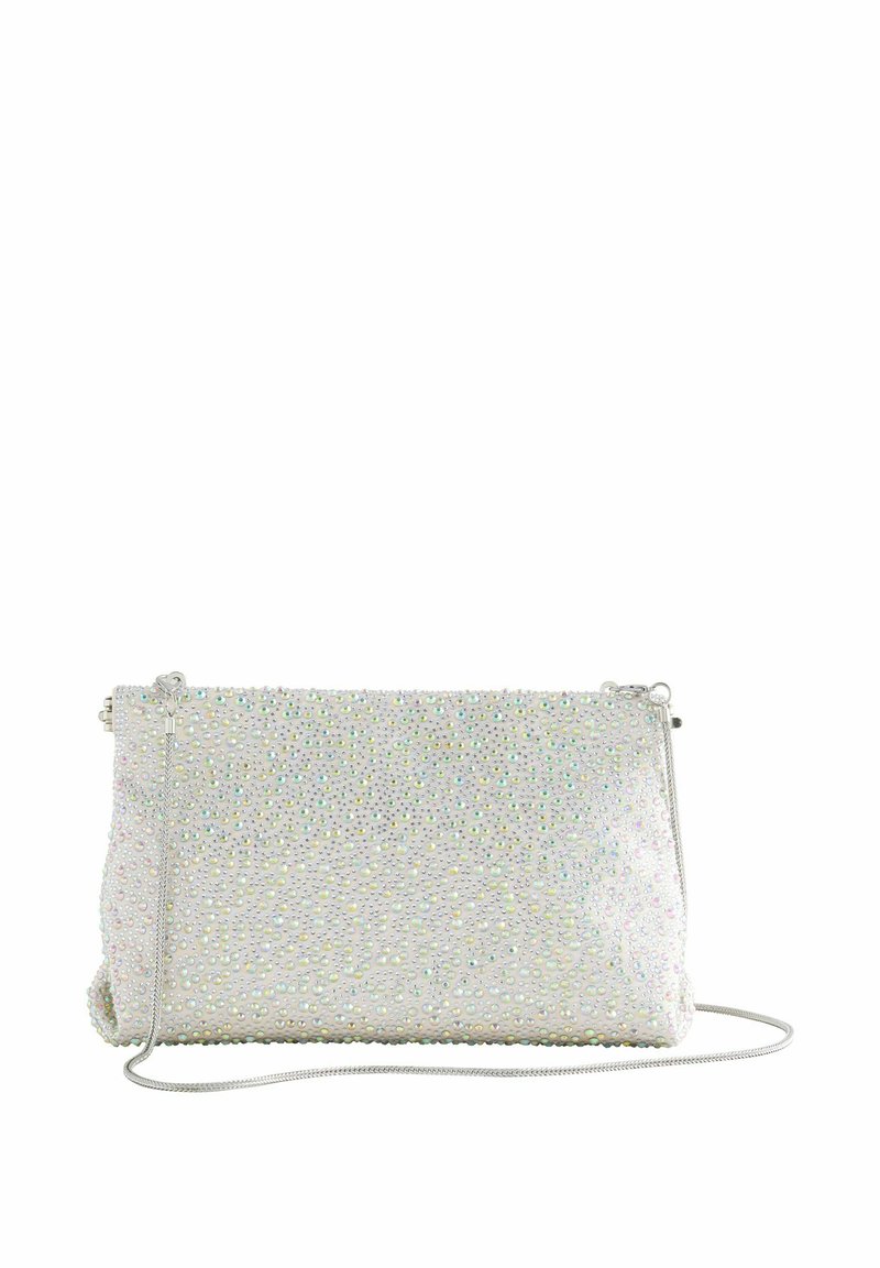 Silver-colored clutch bag with a structured shape, adorned with iridescent beads and a thin chain strap, featuring a zipper closure.