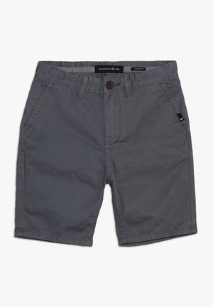 Ciemnoszare męskie szorty Quiksilver z szlufkami na pasek, guzikiem z przodu, dwoma bocznymi kieszeniami i małą metką z logo na prawej kieszeni.