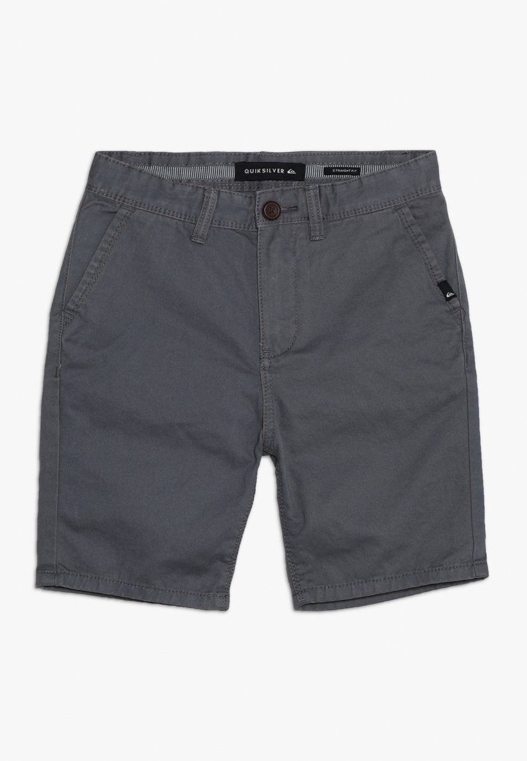Shorts homme Quiksilver gris foncé avec passants de ceinture, bouton sur le devant, deux poches latérales et une petite étiquette logo sur la poche droite.