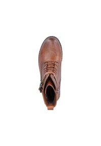 Botín de cuero marrón hasta el tobillo con puntera redondeada, diseño de cordones, cremallera lateral y detalles de costura. Textura suave con una suela robusta.