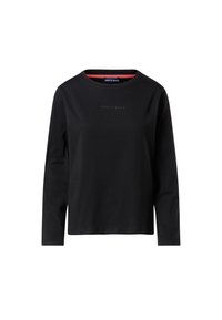 Camicia nera a maniche lunghe in cotone con scollo rotondo, caratterizzata dalla scritta "NORTH SAILS" stampata in grigio tenue sul davanti. Collo interno rosso.