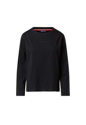 Chemise en coton noire à manches longues avec un col rond, arborant le texte "NORTH SAILS" imprimé en gris subtil sur le devant. Col intérieur rouge.