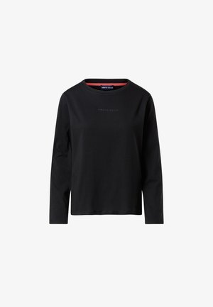 Camisa de algodón negra de manga larga con cuello redondo, que presenta el texto "NORTH SAILS" impreso en un gris sutil en la parte delantera. Cuello interior rojo.