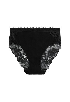 Ropa interior negra para mujer con panel frontal sólido y detalles de encaje floral en los laterales y la cinturilla.