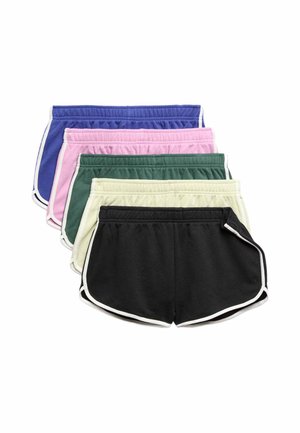 Fünf Paar sportliche Shorts gestapelt in Schwarz, Creme, Grün, Pink und Blau, jeweils mit weißem Besatz und elastischem Bund.