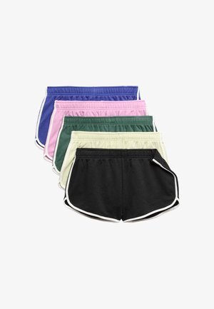Fünf Paar sportliche Shorts gestapelt in Schwarz, Creme, Grün, Pink und Blau, jeweils mit weißem Besatz und elastischem Bund.