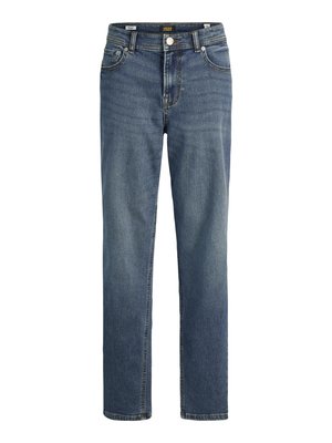 Blue denim jeans with a straight-leg cut, five-pocket design, and subtle fading. Features a metal button fly and contrasting stitching.
