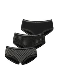 Trois paires de slips en coton noir, présentant des designs variés : noir uni, noir avec de petits pois argentés, et noir avec un motif en losanges.