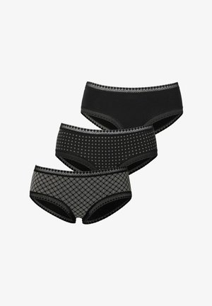 Drei Paar schwarze Baumwollslips mit unterschiedlichen Designs: einfarbig schwarz, schwarz mit kleinen silbernen Punkten und schwarz mit einem Diamantmuster.