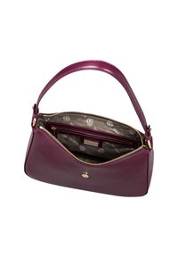 Purple leather handbag with a structured shape, zipper closure, and spacious interior showcasing a logo-printed lining and a small pocket.