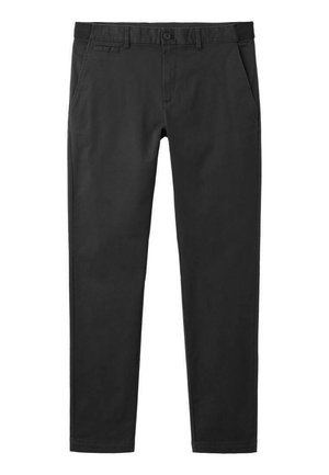 Czarne spodnie z bawełnianej mieszanki o prostym kroju, z zapięciem na guzik, szlufkami na pasek oraz czterema kieszeniami, w tym jedną małą kieszenią z przodu.