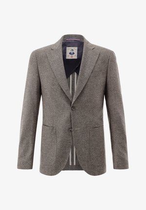 Grauer Wollblazer mit Kerbkragen, Zweiknopfverschluss und zwei Vorderentaschen. Das Innenfutter ist gemustert mit vertikalen Streifen.