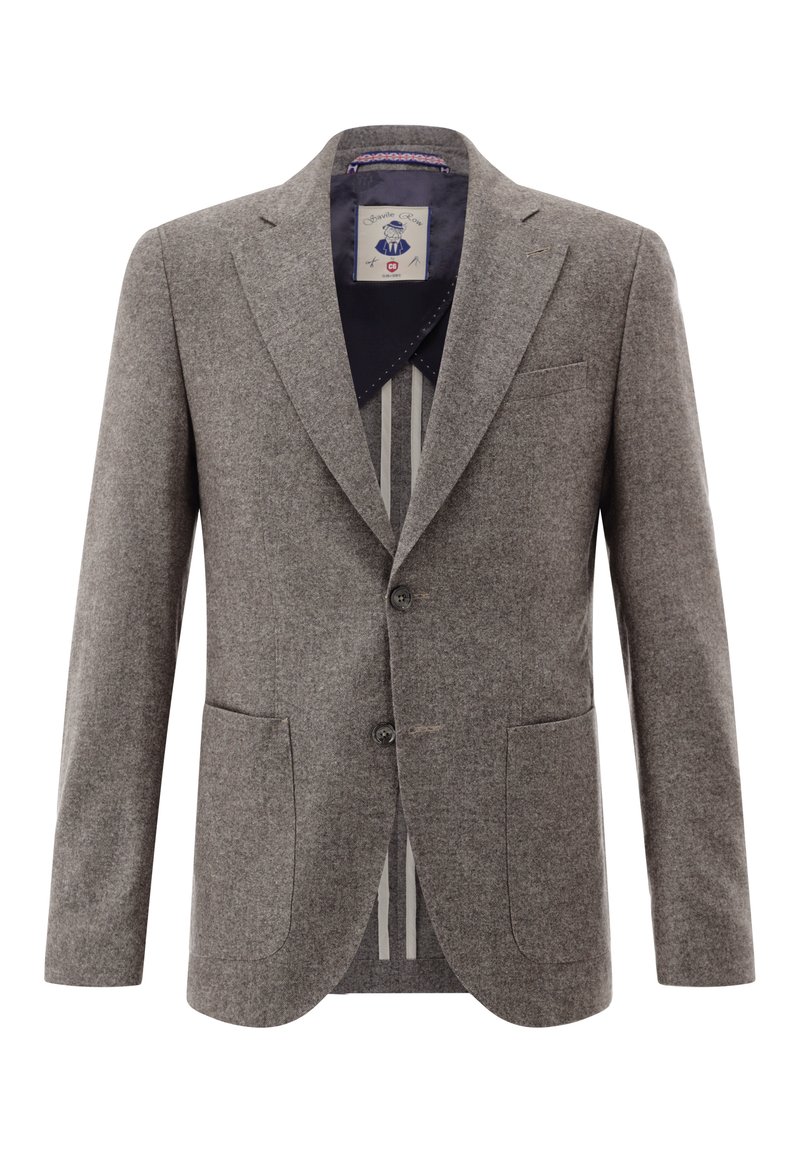 Grauer Wollblazer mit Kerbkragen, Zweiknopfverschluss und zwei Vorderentaschen. Das Innenfutter ist gemustert mit vertikalen Streifen.