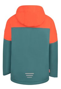 Zadnji pregled kapuce jaken s svetlo oranžnim zgornjim delom in teal spodnjim delom, ki ima majhen odsevni logotip blizu roba.