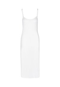 Abito in raso bianco con spalline sottili regolabili, caratterizzato da una silhouette aderente e liscia.