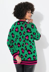 Grüner Strickpullover mit schwarzem und pinkem Leopardenmuster, ausgestattet mit rosa und schwarzen gestreiften Bündchen und Saum, im lässigen Schnitt.