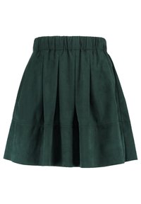 Jupe vert foncé en tissu doux avec un design plissé, taille élastique et forme évasée. Pas de matériel ou de motifs visibles.