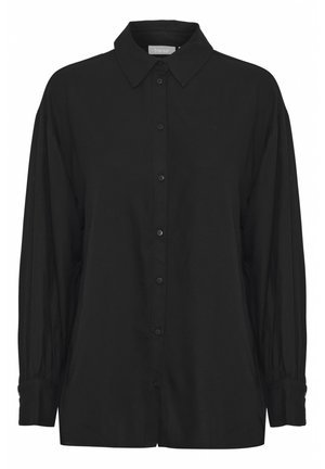 Crna košulja s gumbima, sa ovratnikom, dugim rukavima i nabranim manžetama; izrađena od laganog, teksturiranog materijala.