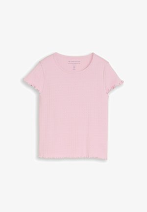 Šviesiai rožinis trumpomis rankovėmis megztas viršus su mažais skylučių raštais ir raukiniais rankovių ir apačios kraštuose.