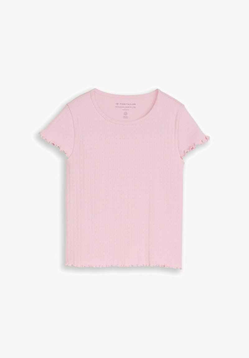 Hellrosa kurzärmeliges, geripptes Strickoberteil mit kleinem Lochmuster und gerüschten Kanten an Ärmeln und Saum.