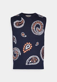 Tamsiai mėlynas rankovių liemenė su sudėtingais baltos ir oranžinės spalvos paisley raštais, mezgimo tekstūra ir V formos iškirpte.