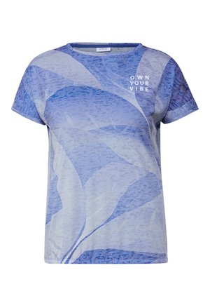 T-shirt graphique bleu avec des motifs abstraits clairs et foncés, à manches courtes et col rond. Texte "POSSEDEZ VOTRE VIBE" imprimé sur le devant.