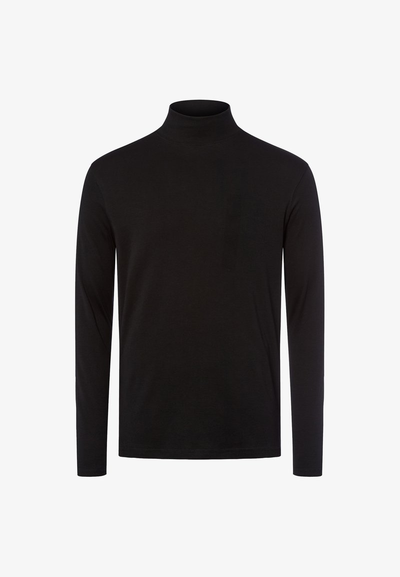 Czarny golf z długim rękawem, wykonany z gładkiego, elastycznego materiału. Charakteryzuje się dopasowanym krojem oraz brakiem widocznych wzorów i elementów metalowych.