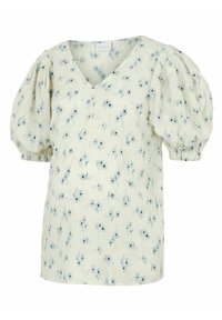 Blusa con stampa floreale in verde chiaro, con maniche a sbuffo, scollatura a V e tessuto texture che presenta piccoli fiori blu e neri.