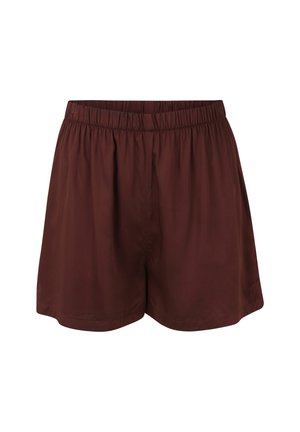 Brązowe, lekkie szorty z gładkiego materiału. Posiadają elastyczny pas i luźny krój. Nie mają widocznych kieszeni ani zdobień.