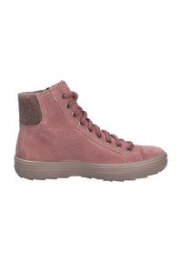 Sneaker alte realizzate in morbido suede rosa con un accento in lana marrone testurizzata sul tallone, dotate di lacci tondi e suola in gomma.