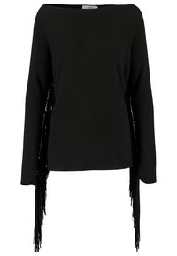 Svart långärmad tröja med båtinspirerad halsringning som har långa fransdetaljer som sträcker sig från båda ärmarna.