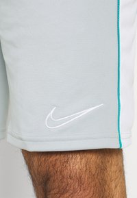 Ljusgrå Nike-shorts tillverkade av slät tyg, med en vit Nike-logotyp och en turkos sidokedjedetalj.
