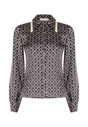Blusa nera a maniche lunghe con bottoni, decorata con un motivo a catena bianca e dettagli a contrasto in crema sul colletto.