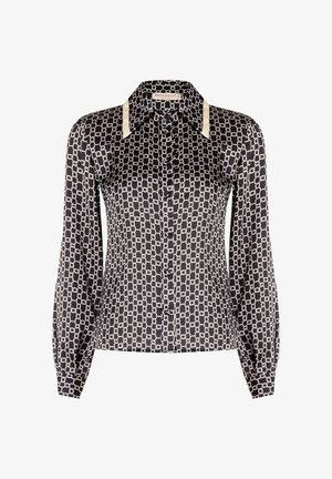 Blusa nera a maniche lunghe con bottoni, decorata con un motivo a catena bianca e dettagli a contrasto in crema sul colletto.