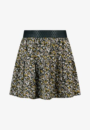 Gonna nera con un piccolo motivo floreale giallo, bianco e marrone, dotata di una vita elastica nera testurizzata e di strati arricciati.