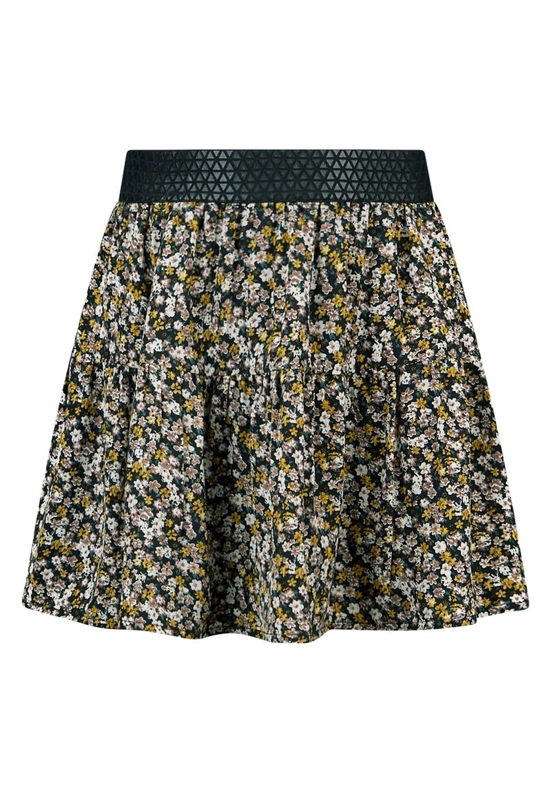 Černá sukně s malým květinovým vzorem v žluté, bílé a hnědé barvě, která disponuje texturovaným černým elastickým pasem a nabranými vrstvami.