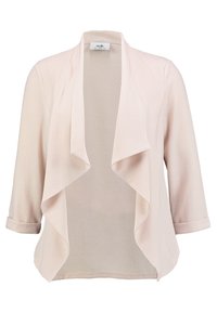 Ljusrosa, lätt cardigan med rullade ärmar och en draperad öppen framsidan. Texturerat tyg med subtil lyster och mjuk fall.