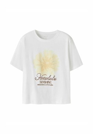 Λευκό T-shirt με κοντά μανίκια, με ανοιχτοκίτρινο floral σχέδιο και το κείμενο "Honolulu Sunshine mixed with a little floral" στο μπροστινό μέρος.
