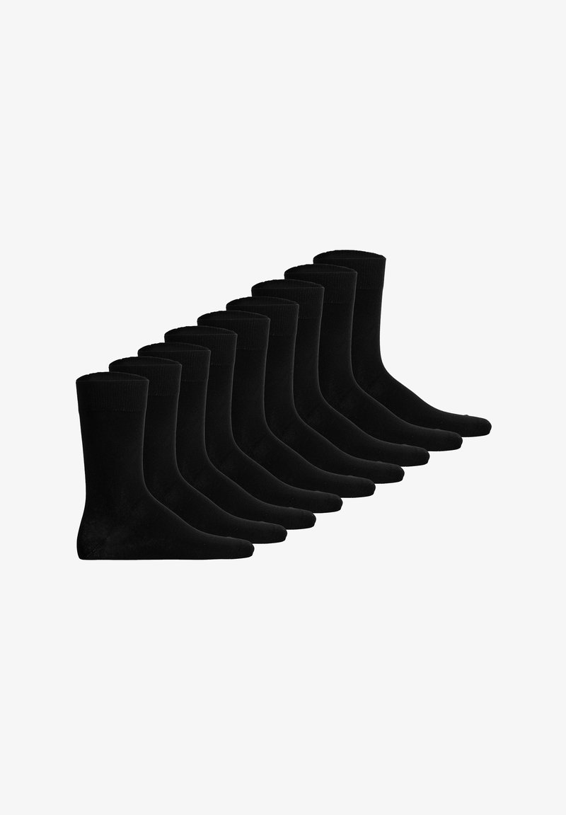 Zestaw czarnych skarpetek o gładkiej fakturze, długości do połowy łydki, z wzmocnionymi mankietami, ułożonych w rzędzie do ekspozycji.