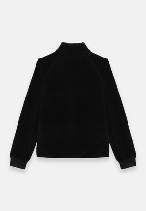 Čierna fleece bunda s vysokým golierom a dlhými rukávmi. Mäkká textura, minimalistický dizajn s čiernym lemom okolo švov. Zobrazený iba zadný pohľad.