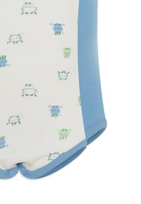 Bodysuit s krátkým rukávem v bílé barvě s vzorem žab v zelené a modré barvě, doplněný pevným světle modrým bočním panelem a patentkami.