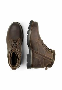 Brown leather ankle boots featuring a rounded toe, textured surface, lace-up front, side zipper, and rugged rubber sole.
