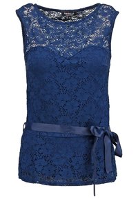 Top en dentelle bleu marine avec un col rond, des manches courtes, une ceinture en ruban décorative et un motif floral sur l'ensemble du tissu.