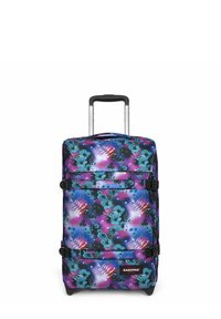 Maleta rodante con un vibrante patrón floral en azul, púrpura y negro. Cuenta con correas ajustables, un mango retráctil y ruedas resistentes.
