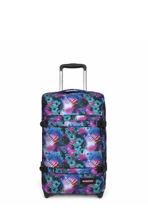 Rolling suitcase with a vibrant floral pattern in blue, purple, and black. Features adjustable straps, a retractable handle, and sturdy wheels.