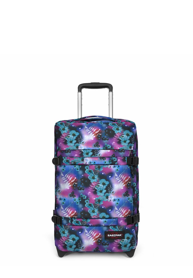 Maleta rodante con un vibrante patrón floral en azul, púrpura y negro. Cuenta con correas ajustables, un mango retráctil y ruedas resistentes.