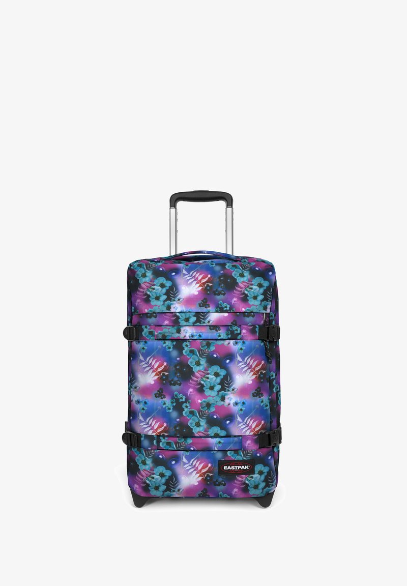 Maleta rodante con un vibrante patrón floral en azul, púrpura y negro. Cuenta con correas ajustables, un mango retráctil y ruedas resistentes.